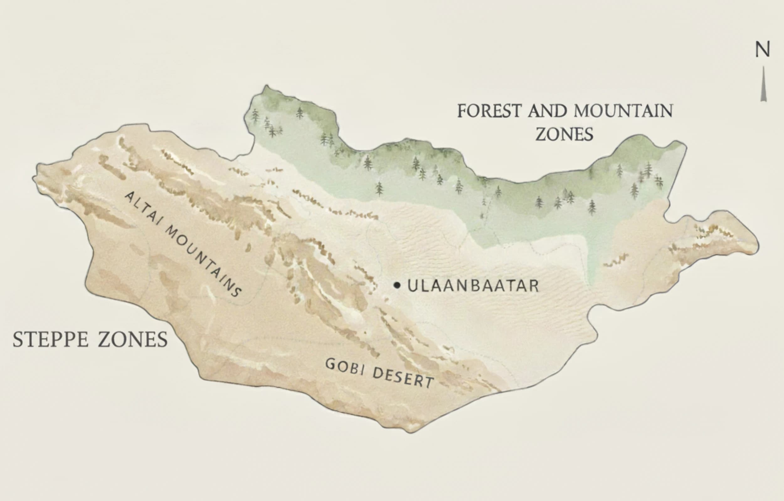 Map of Mongolia showing ecological zones important for cashmere and yak wool herding